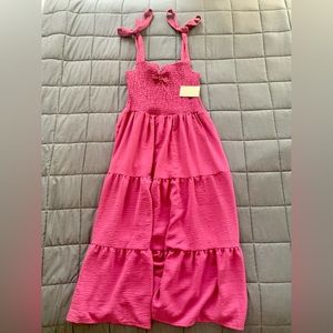 NWT Pie in the Sky Smocked Pink Midi Dress | Size Large | barbiecore bow ties